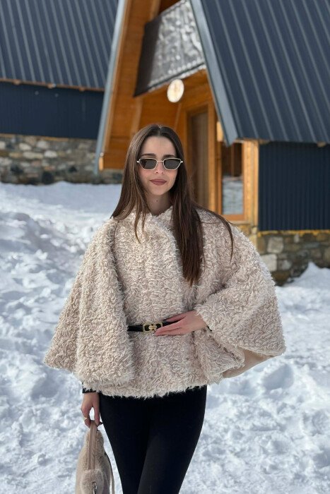 ONE COLOR WOOL BELT DETAIL WOMEN CAPE COAT CREAM/KREM 