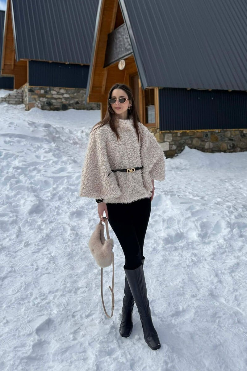 ONE COLOR WOOL BELT DETAIL WOMEN CAPE COAT CREAM/KREM - 3