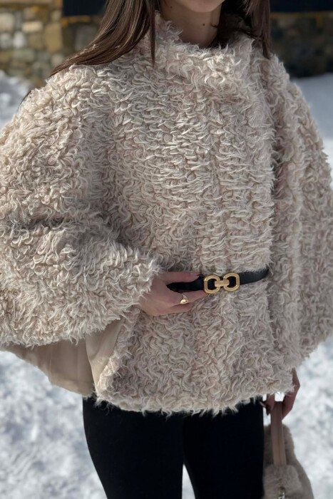 ONE COLOR WOOL BELT DETAIL WOMEN CAPE COAT CREAM/KREM - 4