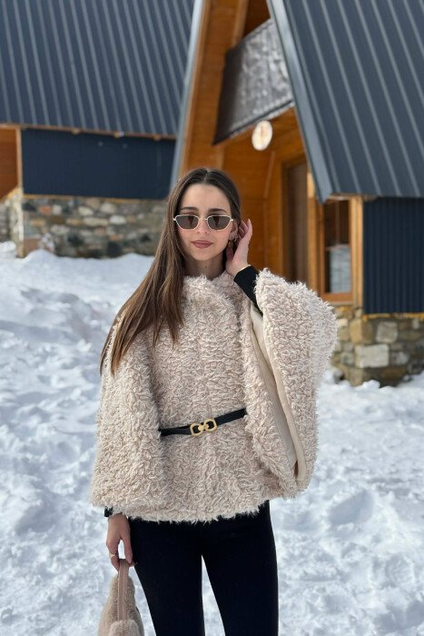 ONE COLOR WOOL BELT DETAIL WOMEN CAPE COAT CREAM/KREM - 6