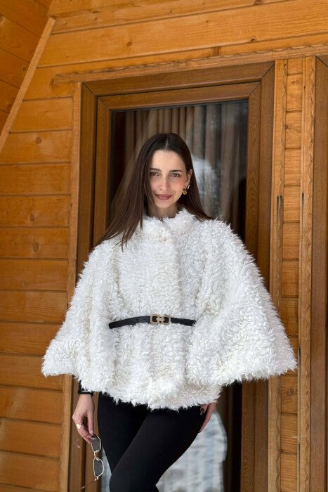 ONE COLOR WOOL BELT DETAIL WOMEN CAPE COAT WHITE-E BARDHE 
