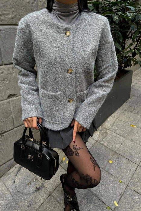 ONE COLOR WOOL WOMEN JACKET GREY/GRI - KLAUDIO FASHION