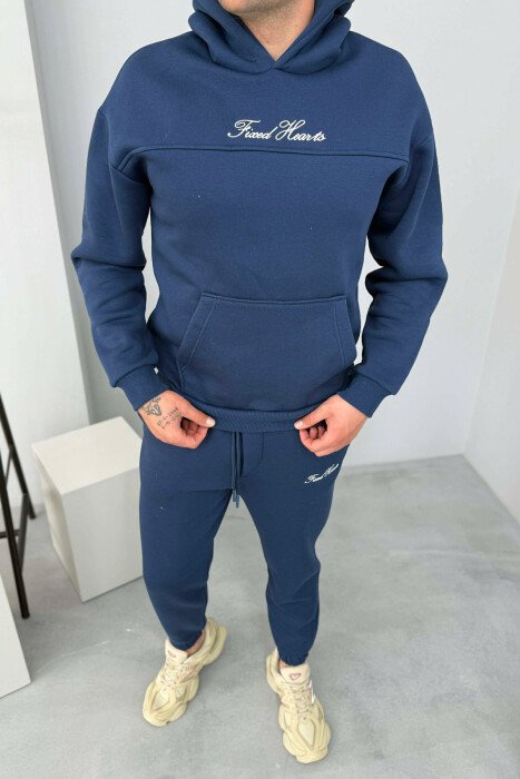 ONE COLOR WRITTINGS HOODIE+ SWEATPANTS MEN SET BLUE/BLU - 7