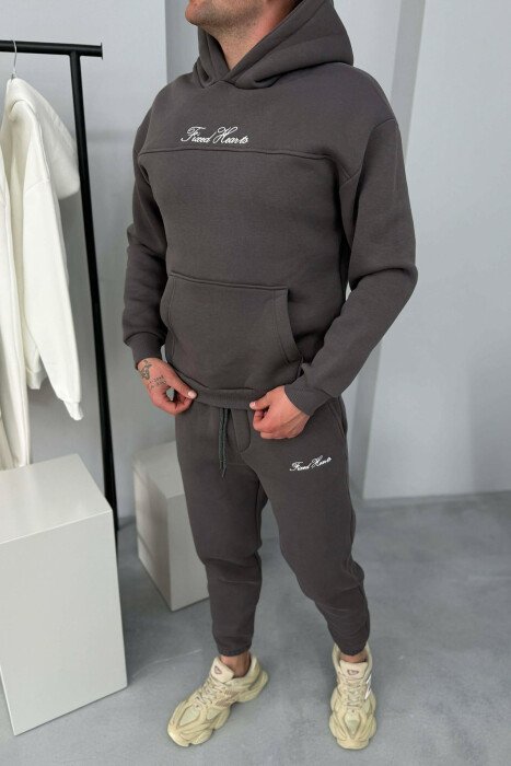 ONE COLOR WRITTINGS HOODIE+ SWEATPANTS MEN SET DARK GREY/GEE - 5