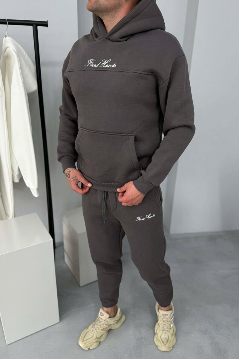 ONE COLOR WRITTINGS HOODIE+ SWEATPANTS MEN SET DARK GREY/GEE - 5