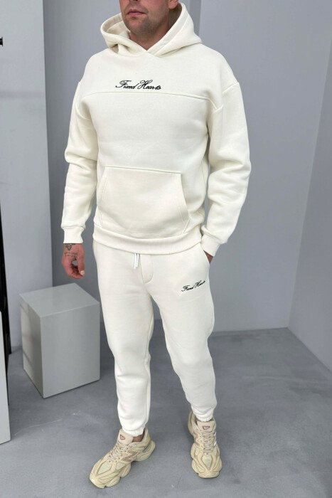 ONE COLOR WRITTINGS HOODIE+ SWEATPANTS MEN SET WHITE-E BARDHE 