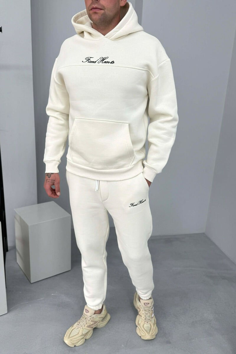 ONE COLOR WRITTINGS HOODIE+ SWEATPANTS MEN SET WHITE-E BARDHE - 1