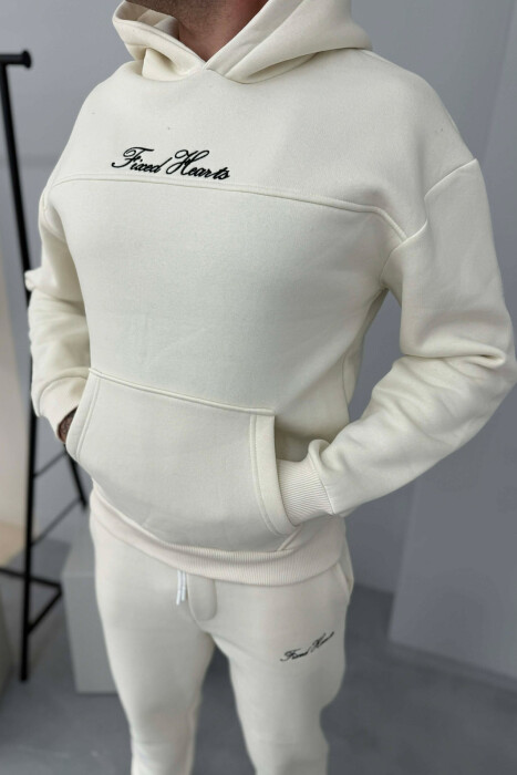 ONE COLOR WRITTINGS HOODIE+ SWEATPANTS MEN SET WHITE-E BARDHE - 4