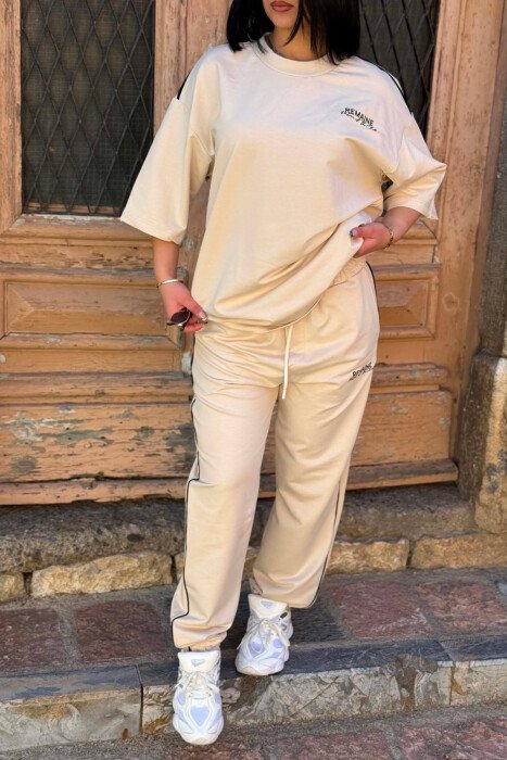 ONE COLOR WRITTINGS T-SHIRT + JOGGERS WOMAN SET BEIGE/BEZHE - 2