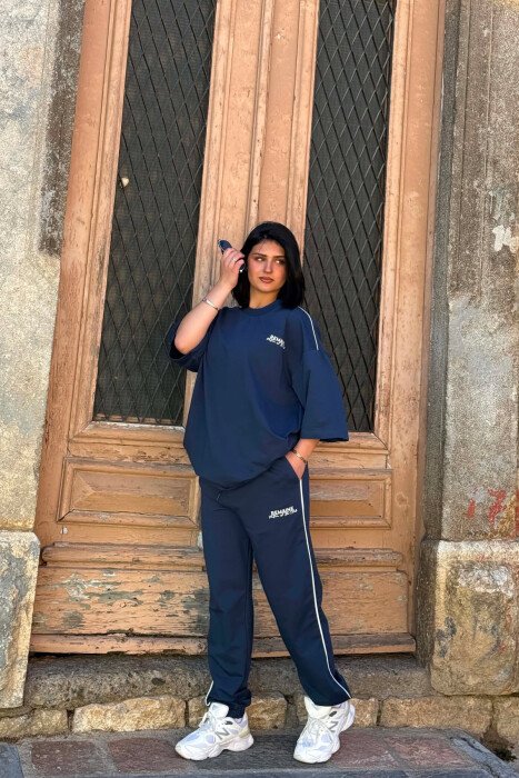 ONE COLOR WRITTINGS T-SHIRT + JOGGERS WOMAN SET BLUE/BLU - 1