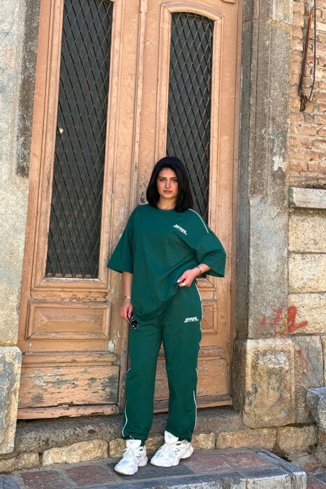 ONE COLOR WRITTINGS T-SHIRT + JOGGERS WOMAN SET GREEN/JESHILE - 1