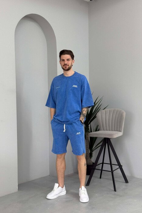 SET NJE NGJYRESH T-SHIRT ME SHKRIME + TUTA TE SHKURTRA PER MESHKUJ NE NGJYRE BLU - KLAUDIO FASHION