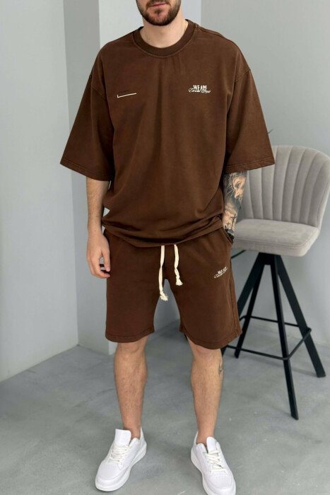 ONE COLOR WRITTINGS T-SHIRT + SHORTS MEN SET BROWN/KAFE - 2