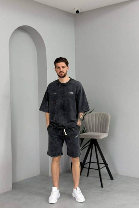 ONE COLOR WRITTINGS T-SHIRT + SHORTS MEN SET DARK GREY/GEE - KLAUDIO FASHION