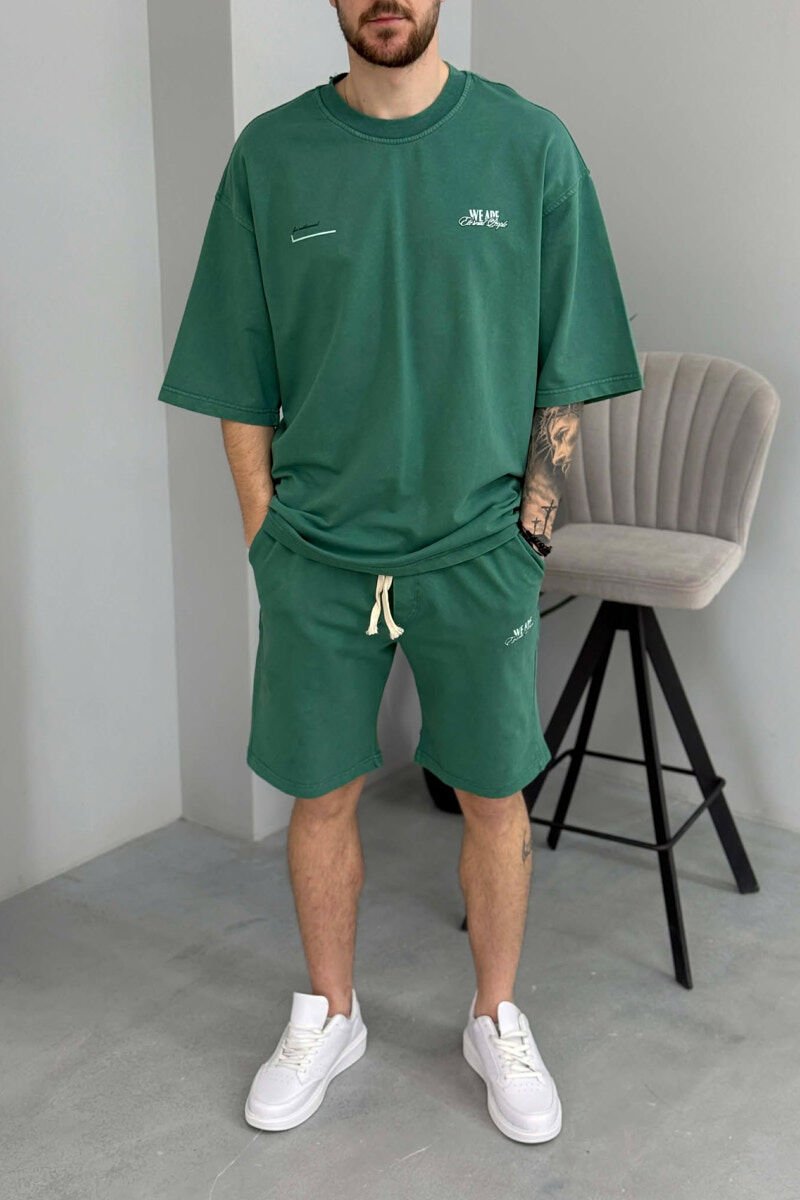 ONE COLOR WRITTINGS T-SHIRT + SHORTS MEN SET GREEN/JESHILE - 2