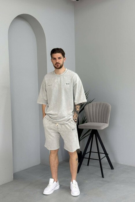 ONE COLOR WRITTINGS T-SHIRT + SHORTS MEN SET LIGHT GREY/GZ - KLAUDIO FASHION