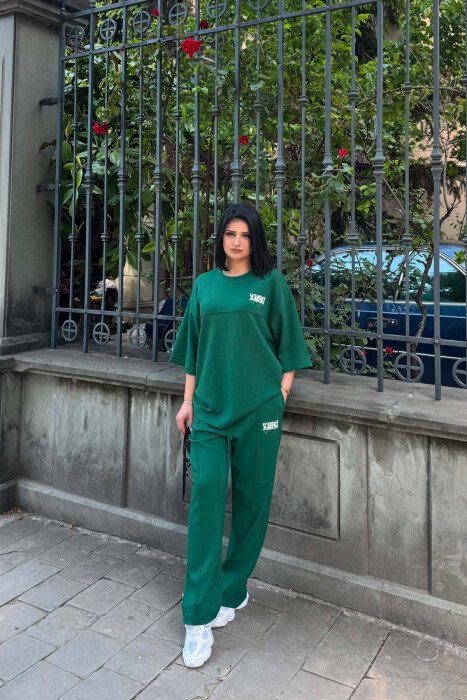 ONE COLOR WRITTINGS T-SHIRT + SWEATPANTS WOMAN SET GREEN/JESHILE - 1