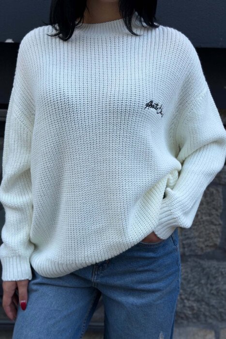 ONE COLOR WRITTINGS WOMAN SWEATER WHITE-E BARDHE - 4