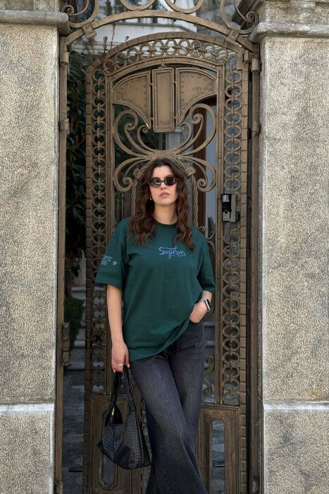ONE COLOR WRITTINGS WOMAN T-SHIRT + 6 PAIR SOCKS DARK GREEN/JEE - KLAUDIO FASHION