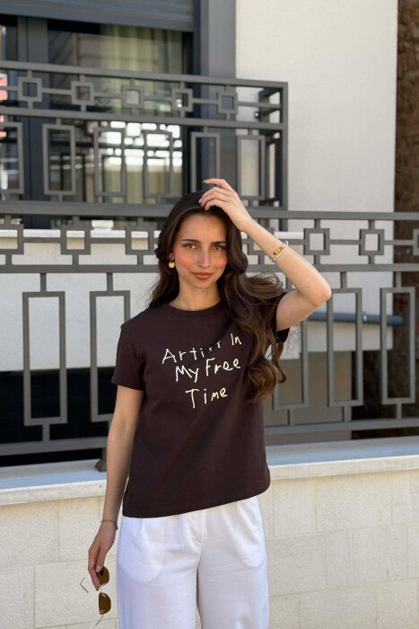 ONE COLOR WRITTINGS WOMAN T-SHIRT BROWN/KAFE - 1