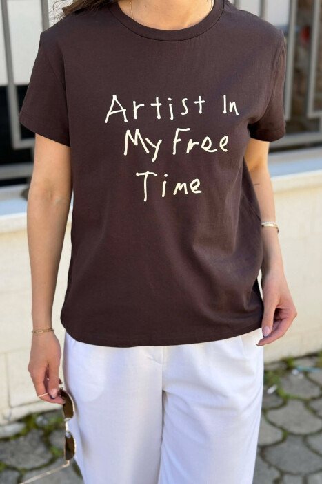 ONE COLOR WRITTINGS WOMAN T-SHIRT BROWN/KAFE - 3