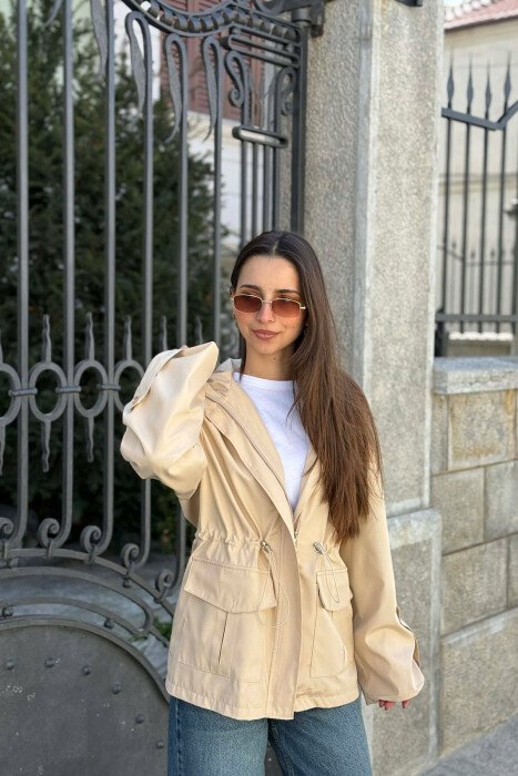 ONE COLOR ZIP UP DRAWSTRING WAIST HOODED WOMEN JACKET CREAM/KREM - 1