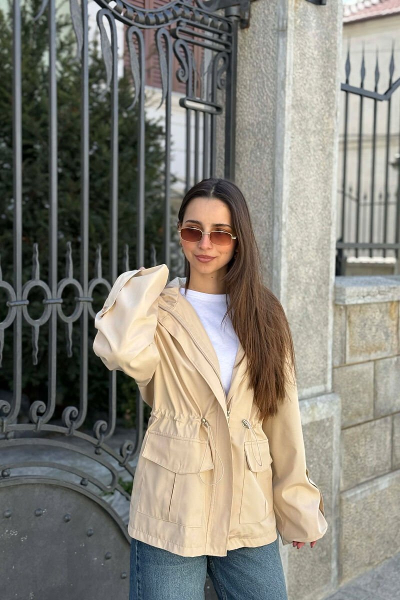 ONE COLOR ZIP UP DRAWSTRING WAIST HOODED WOMEN JACKET CREAM/KREM - 1