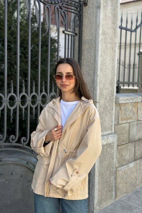 ONE COLOR ZIP UP DRAWSTRING WAIST HOODED WOMEN JACKET CREAM/KREM - 2