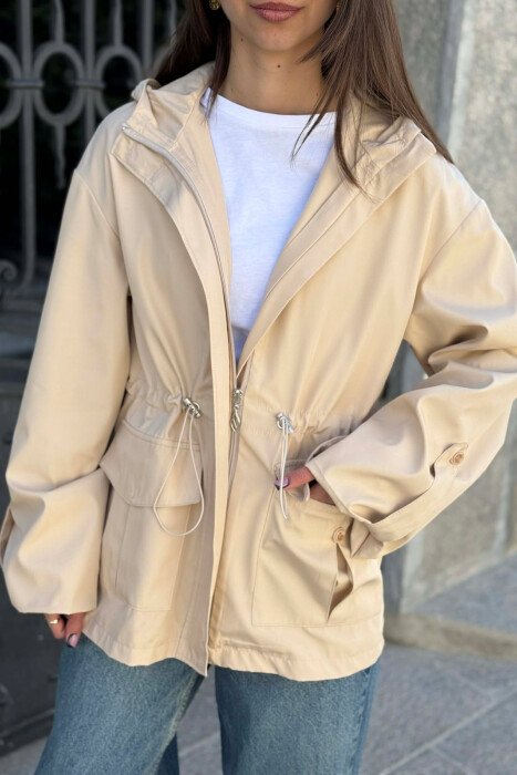ONE COLOR ZIP UP DRAWSTRING WAIST HOODED WOMEN JACKET CREAM/KREM - 3