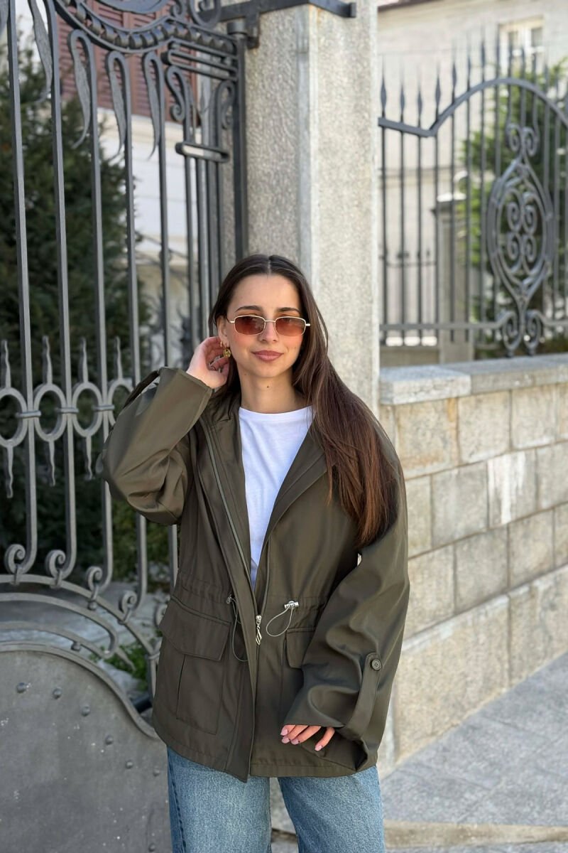 ONE COLOR ZIP UP DRAWSTRING WAIST HOODED WOMEN JACKET GREEN/JESHILE - 1