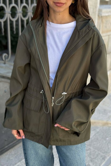 ONE COLOR ZIP UP DRAWSTRING WAIST HOODED WOMEN JACKET GREEN/JESHILE - 2