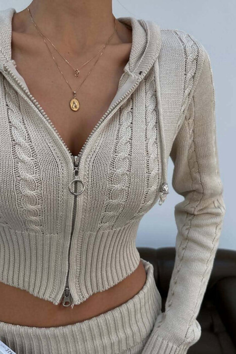 ONE COLOR ZIPPER CARDIGAN +SKIRT WOMAN SET BEIGE/BEZHE - 7