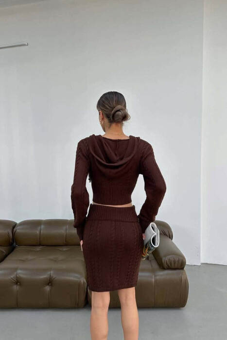 ONE COLOR ZIPPER CARDIGAN +SKIRT WOMAN SET BROWN/KAFE - 3