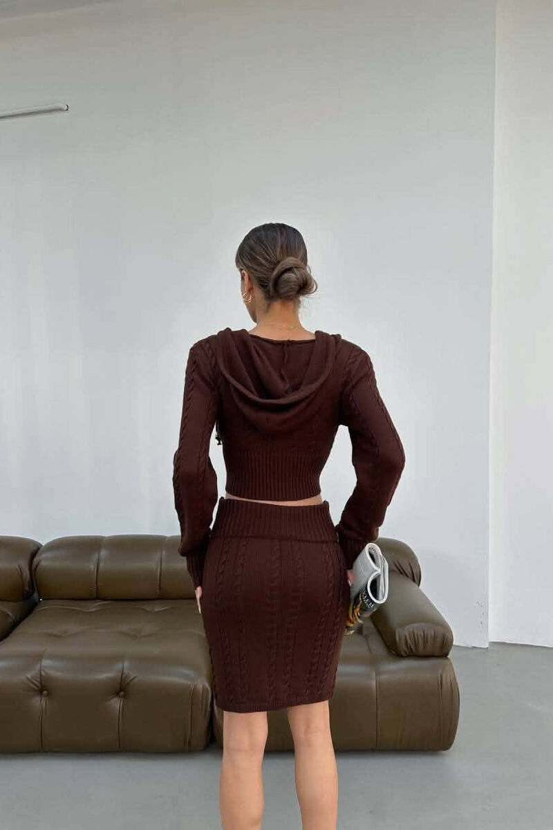 ONE COLOR ZIPPER CARDIGAN +SKIRT WOMAN SET BROWN/KAFE - 3