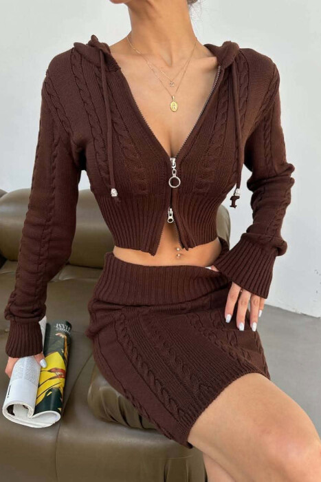 ONE COLOR ZIPPER CARDIGAN +SKIRT WOMAN SET BROWN/KAFE - 5
