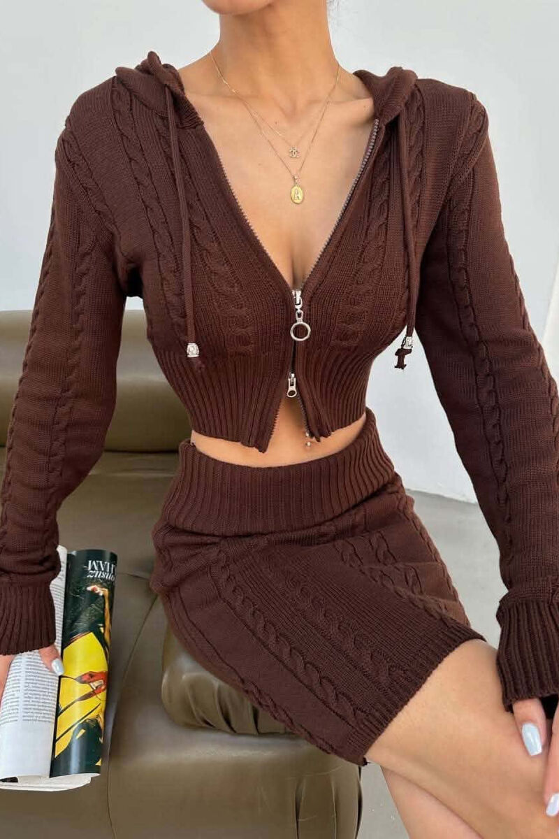 ONE COLOR ZIPPER CARDIGAN +SKIRT WOMAN SET BROWN/KAFE - 6