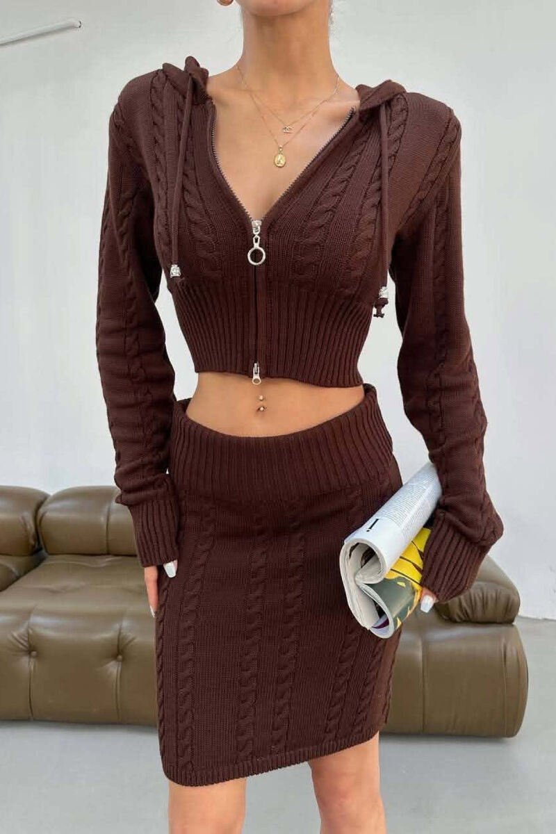 ONE COLOR ZIPPER CARDIGAN +SKIRT WOMAN SET BROWN/KAFE - 7