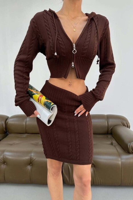 ONE COLOR ZIPPER CARDIGAN +SKIRT WOMAN SET BROWN/KAFE 