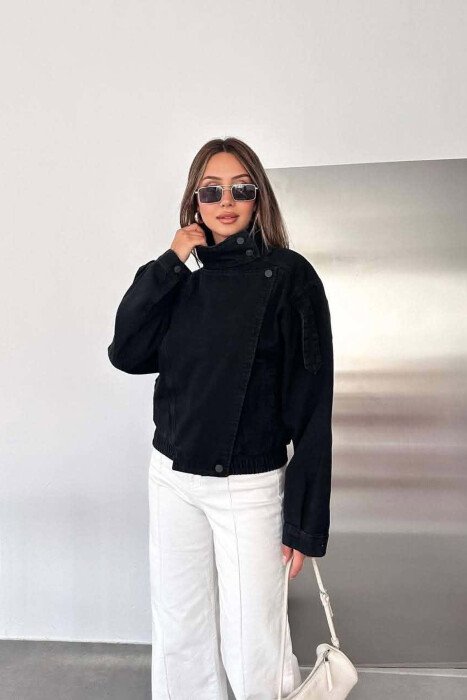 ONE COLOR ZIPPER DENIM WOMAN JACKET BLACK/ E ZEZE - KLAUDIO FASHION