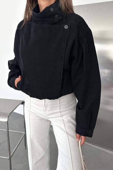 ONE COLOR ZIPPER DENIM WOMAN JACKET BLACK/ E ZEZE - 2