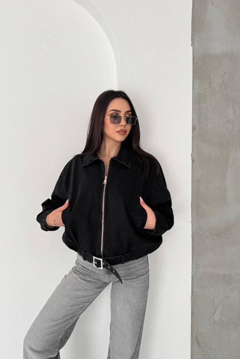 ONE COLOR ZIPPER DENIM WOMAN JACKET BLACK/ E ZEZE - KLAUDIO FASHION