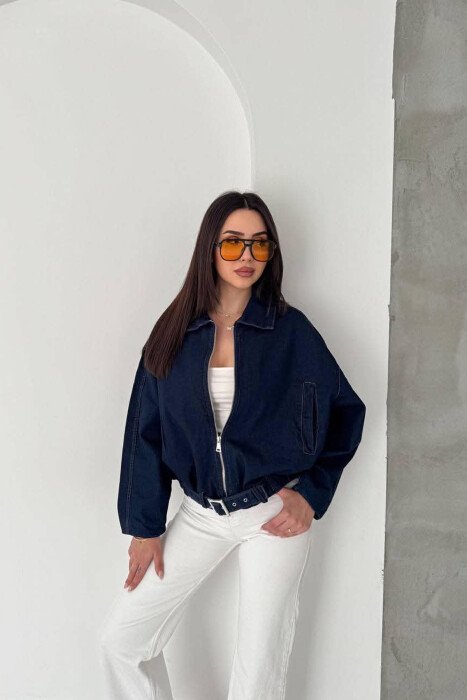 ONE COLOR ZIPPER DENIM WOMAN JACKET BLUE/BLU - 5