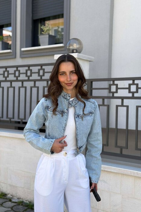 ONE COLOR ZIPPER DENIM WOMAN JACKET LIGHTBLUE/BZ - 1