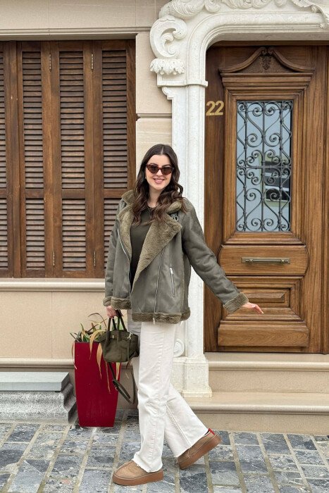 ONE COLOR ZIPPER FLUFFY WOMAN COAT GREEN/JESHILE - 2