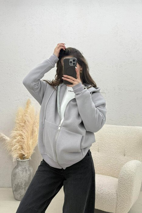 XHAKETË NJË NGJYRËSHE ME KAPUC PËR FEMRA NË NGJYRË GRI - KLAUDIO FASHION