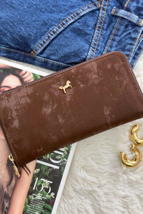 ONE COLOR ZIPPER HORSE LOGO WOMEN WALLET DARK BROWN/KAE - 1