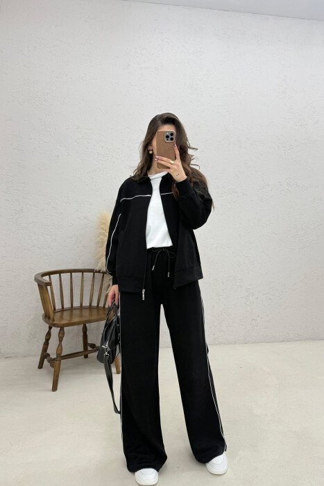 ONE COLOR ZIPPER JACKET + SWEATPANTS WOMAN SET BLACK/ E ZEZE - KLAUDIO FASHION