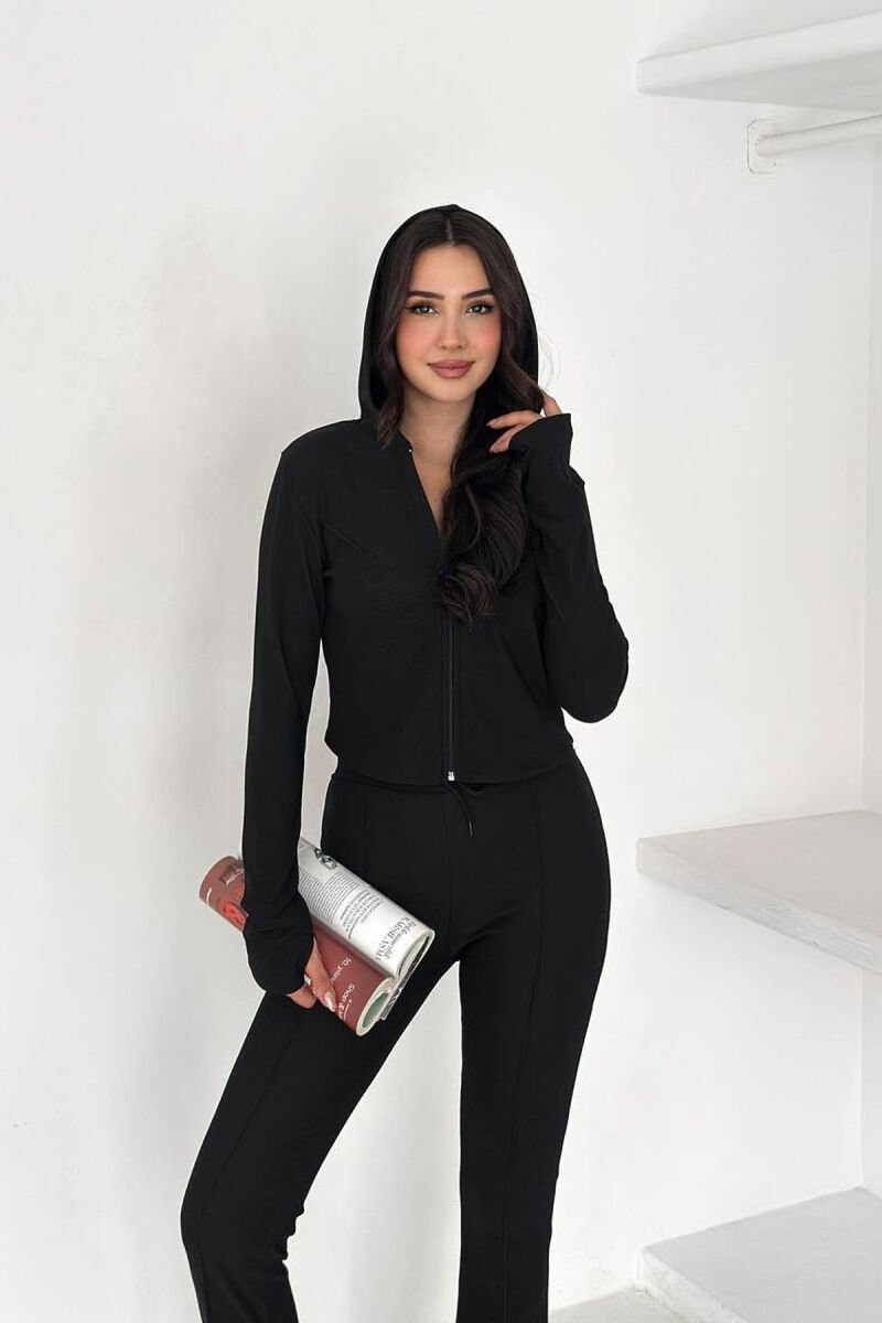 ONE COLOR ZIPPER JACKET + SWEATPANTS WOMEN SET BLACK/ E ZEZE - 2