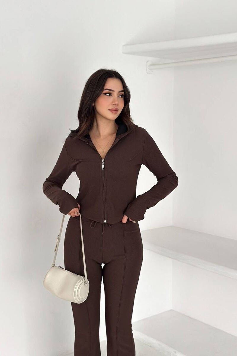 ONE COLOR ZIPPER JACKET + SWEATPANTS WOMEN SET BROWN/KAFE - 3