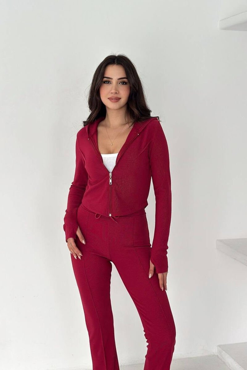 ONE COLOR ZIPPER JACKET + SWEATPANTS WOMEN SET RED/E KUQE - 2